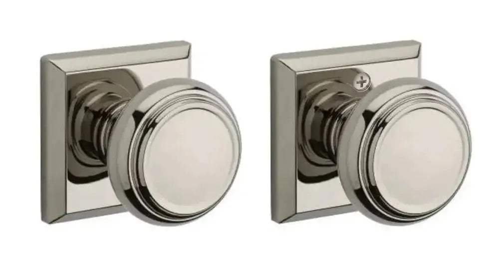 Baldwin Traditional Knob with Traditional Square Rosette in Lifetime Polished Nickel finish