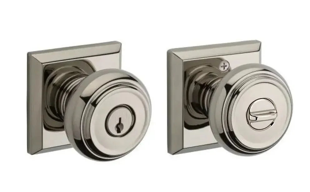 Baldwin Traditional Knob with Traditional Square Rosette Lifetime Polished Nickel
