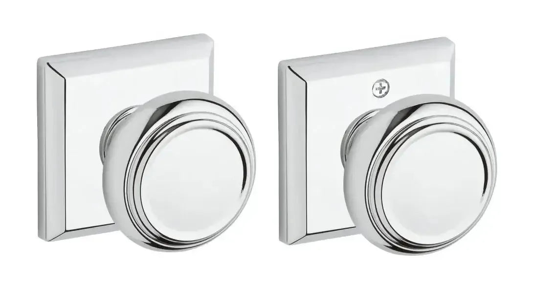 Baldwin Traditional Knob with Traditional Square Rosette in Polished Chrome finish