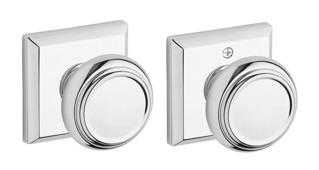 Baldwin Traditional Knob with Traditional Square Rosette Polished Chrome