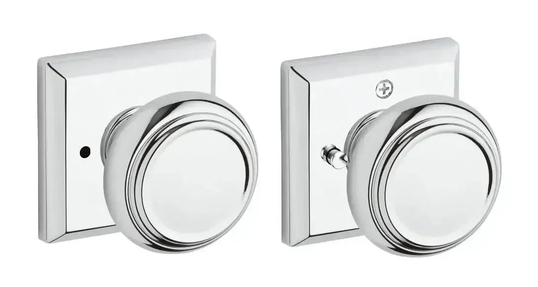 Baldwin Traditional Knob with Traditional Square Rosette in Polished Chrome finish