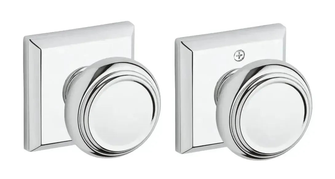Baldwin Traditional Knob with Traditional Square Rosette in Polished Chrome finish