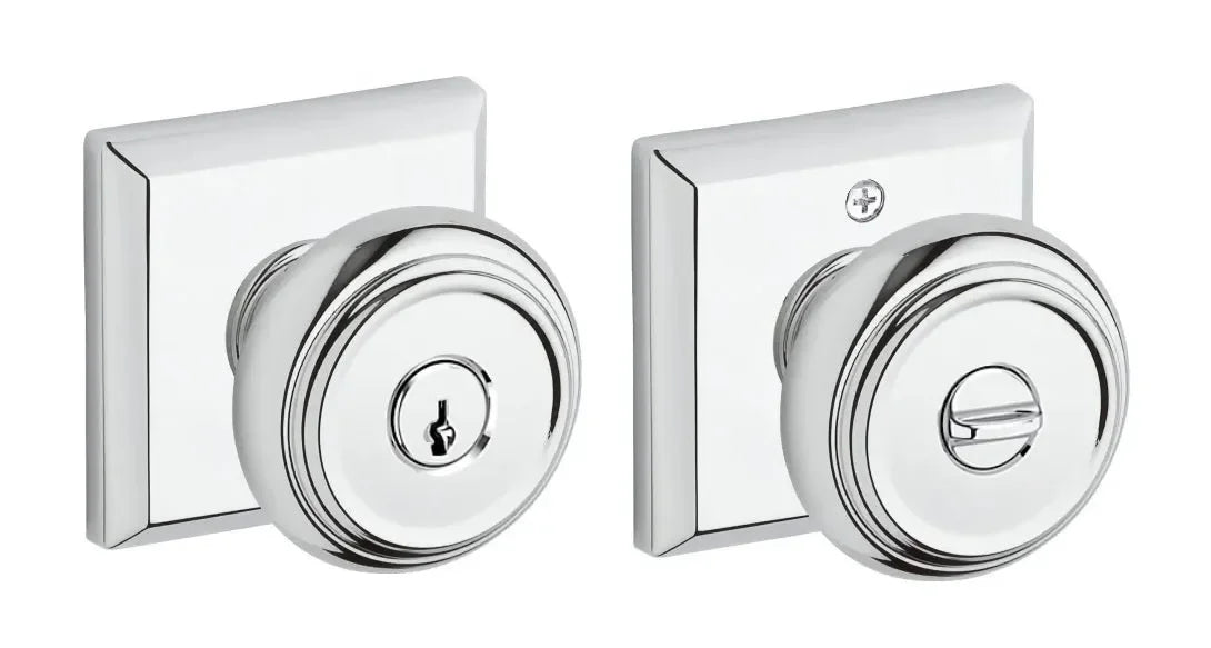 Baldwin Traditional Knob with Traditional Square Rosette Polished Chrome