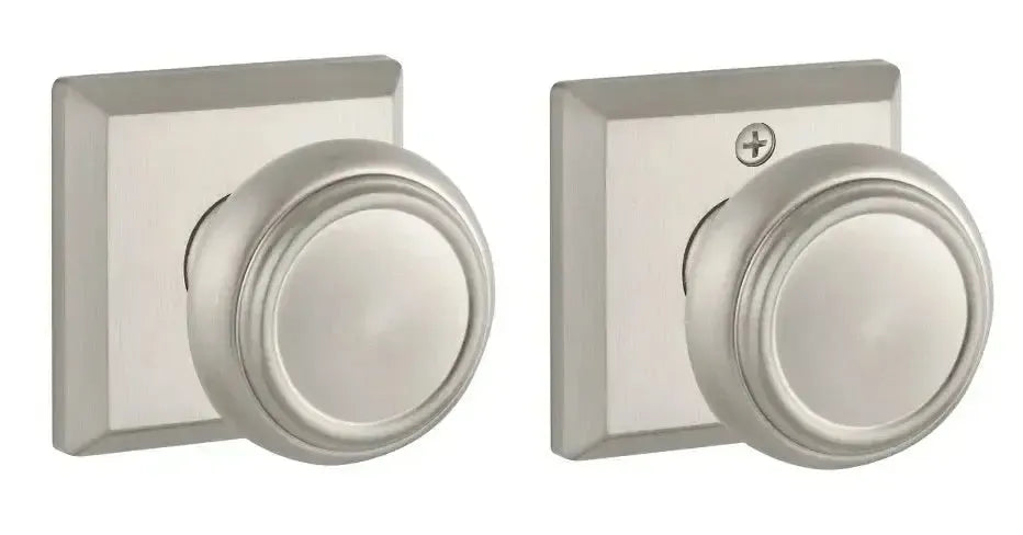 Baldwin Traditional Knob with Traditional Square Rosette in Satin Nickel finish