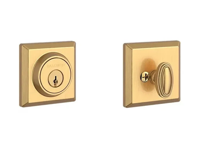 The Baldwin Reserve Traditional Square Deadbolt in Lifetime Satin Brass finish.