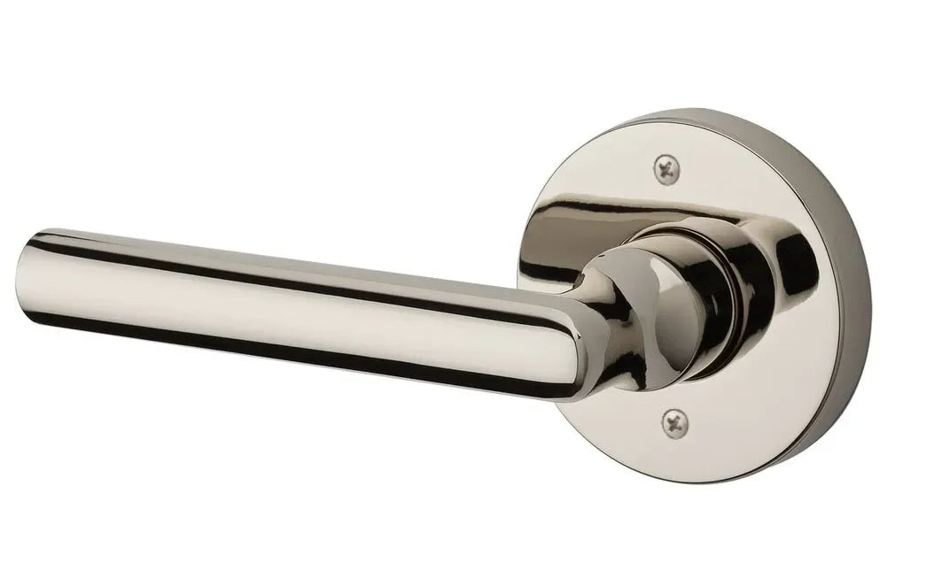 The Baldwin Reserve Tube Lever with Contemporary Round Rosette in Lifetime Polished Nickel finish.
