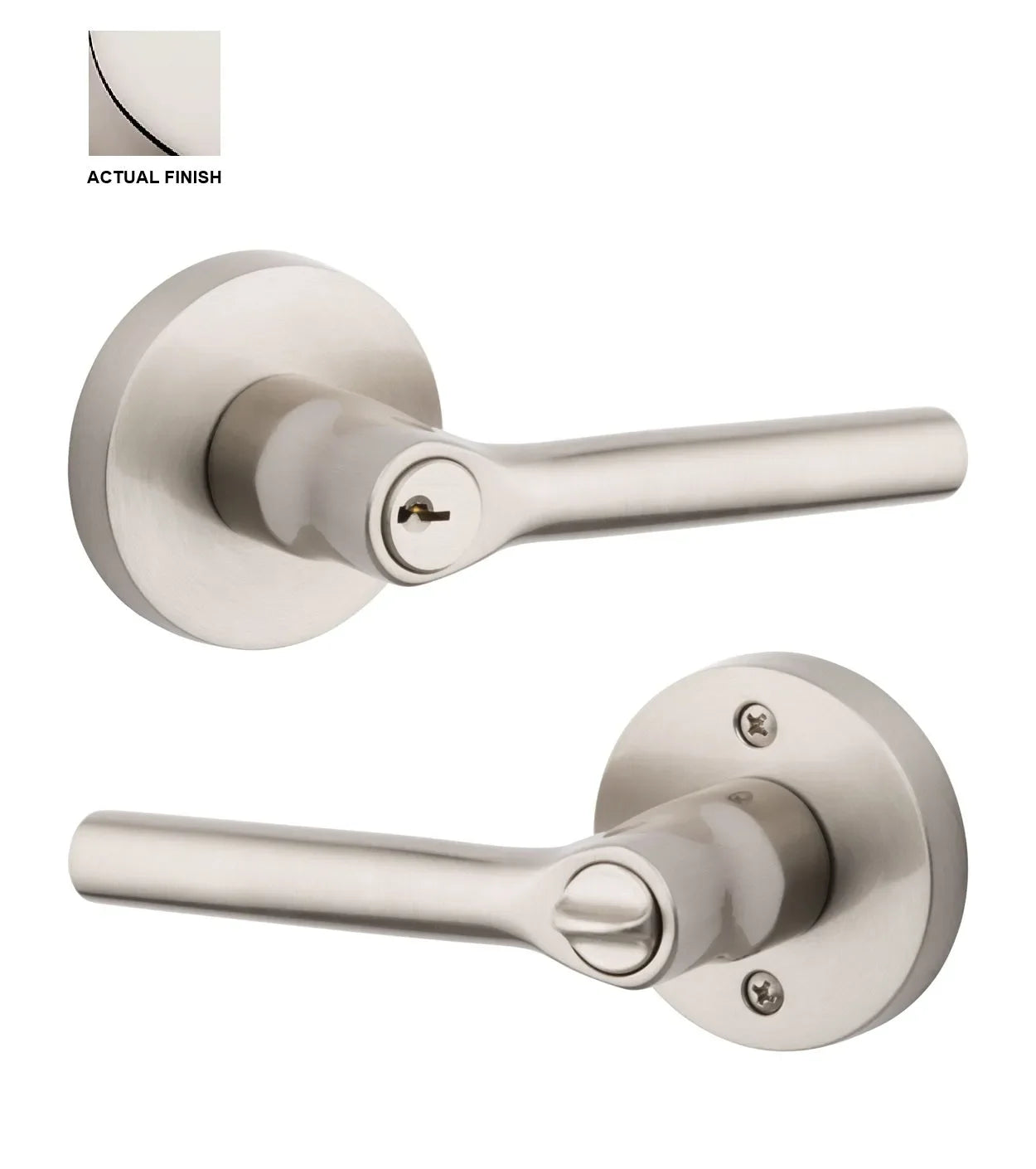 The Baldwin Reserve Tube Lever with Contemporary Round Rosette in Lifetime Polished Nickel finish.