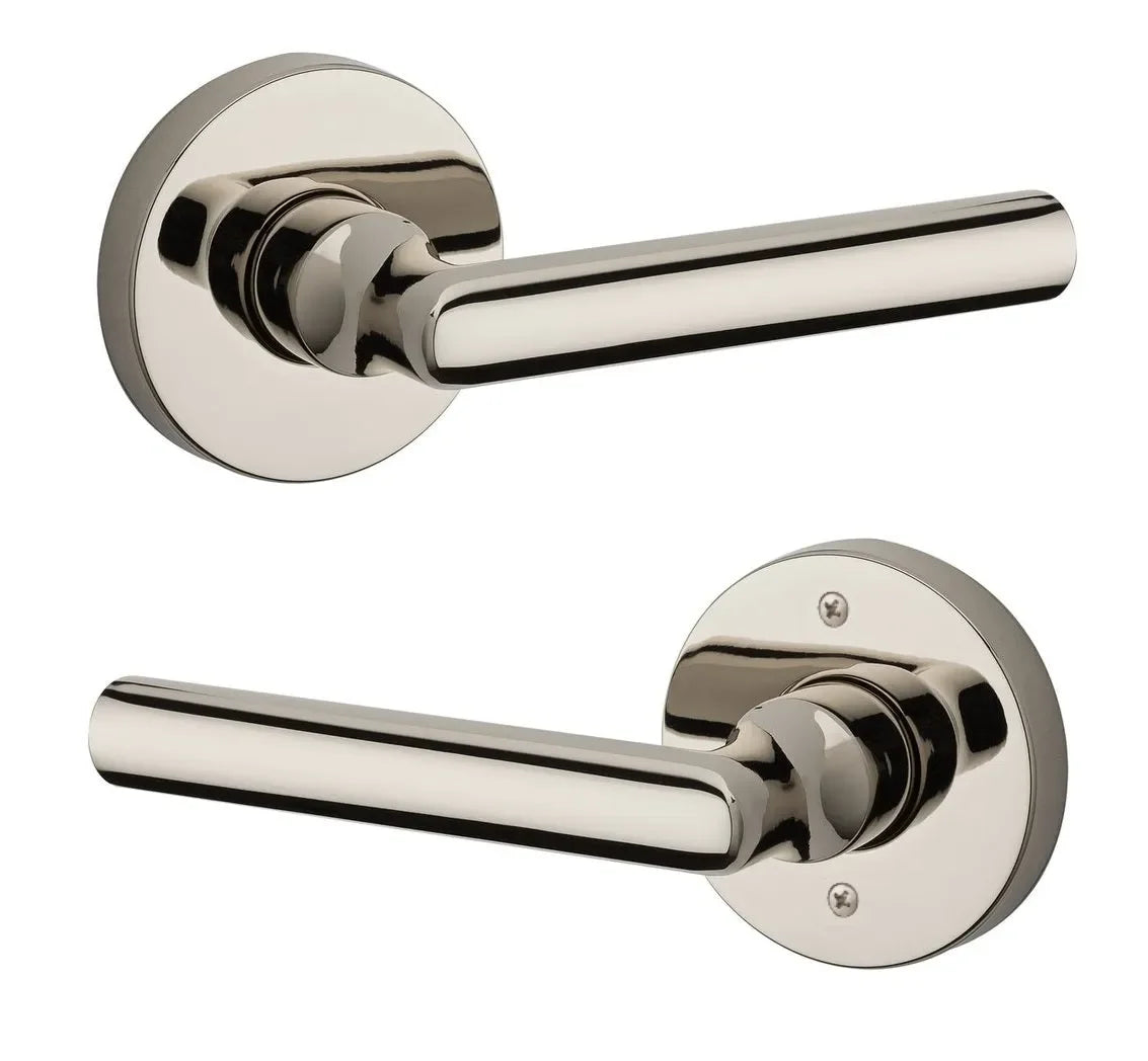 The Baldwin Reserve Tube Lever with Contemporary Round Rosette in Lifetime Polished Nickel finish.
