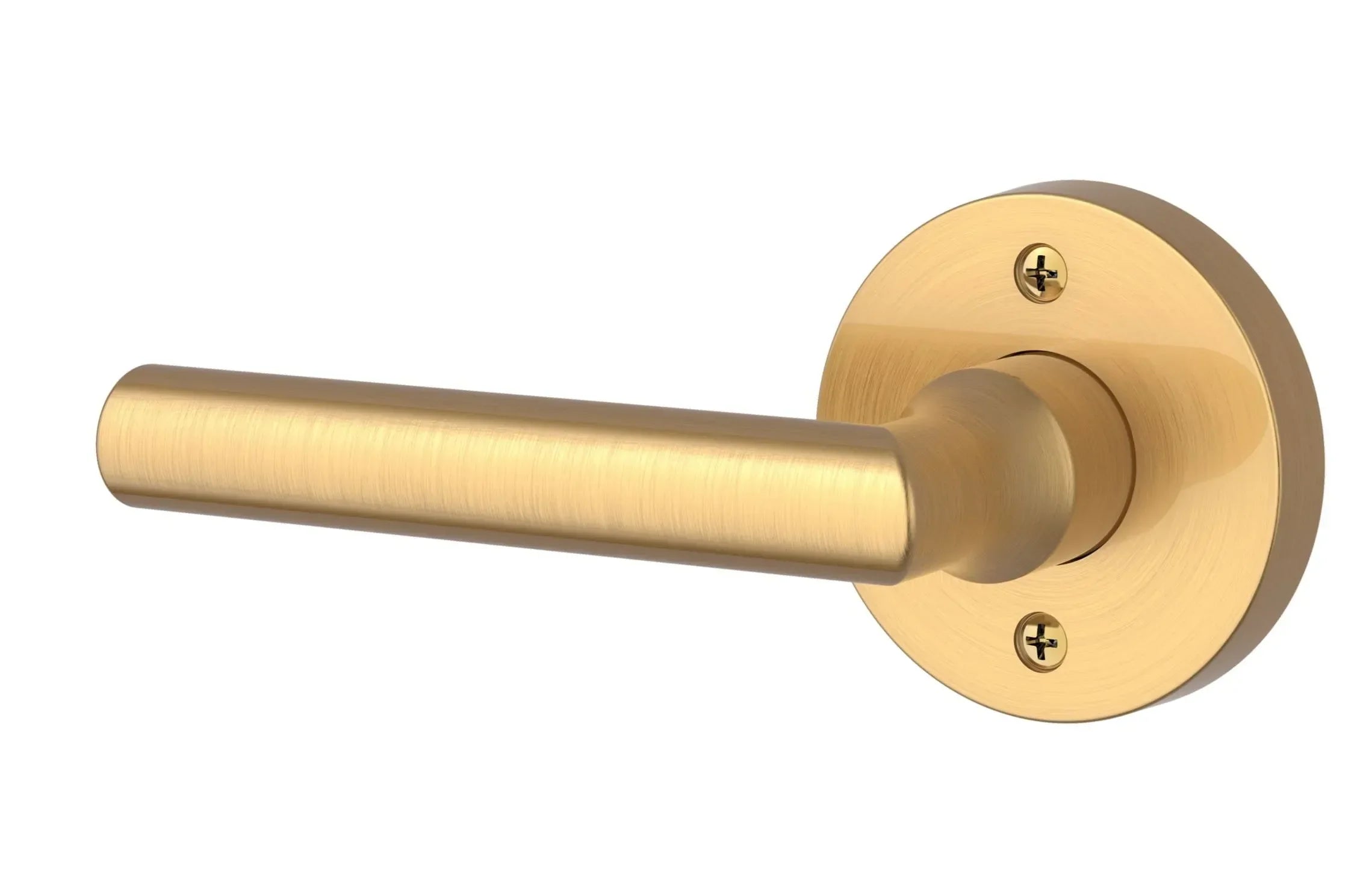 The Baldwin Reserve Tube Lever with Contemporary Round Rosette in Lifetime Satin Brass finish.