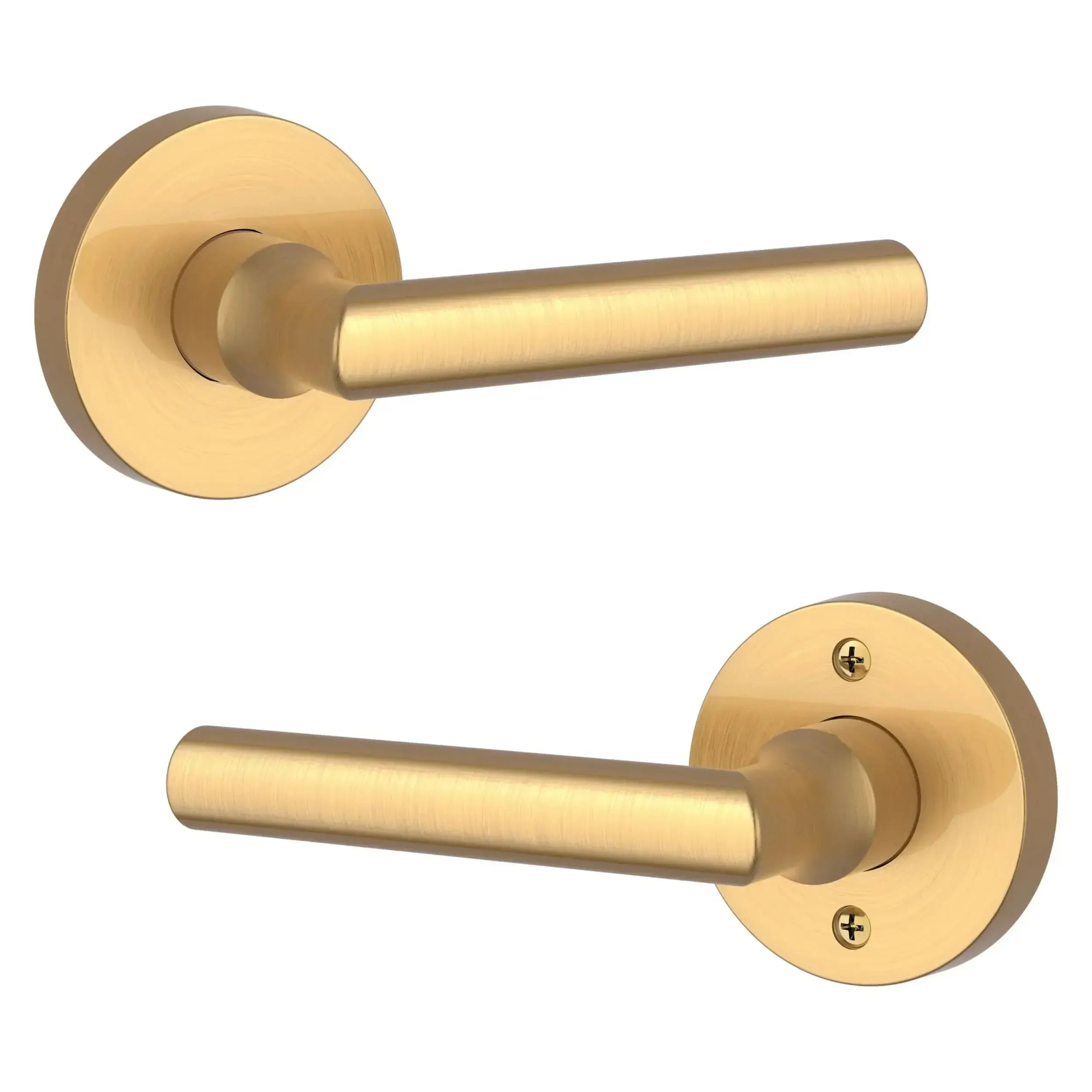 Baldwin Tube Lever with Contemporary Round Rosette in Lifetime Satin Brass finish