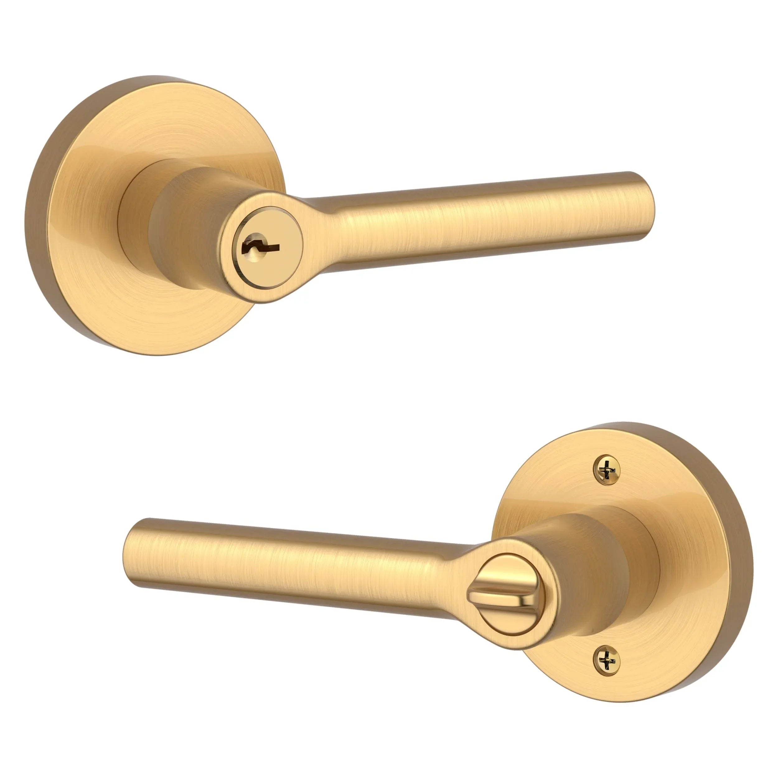 The Baldwin Reserve Tube Lever with Contemporary Round Rosette in Lifetime Satin Brass finish.