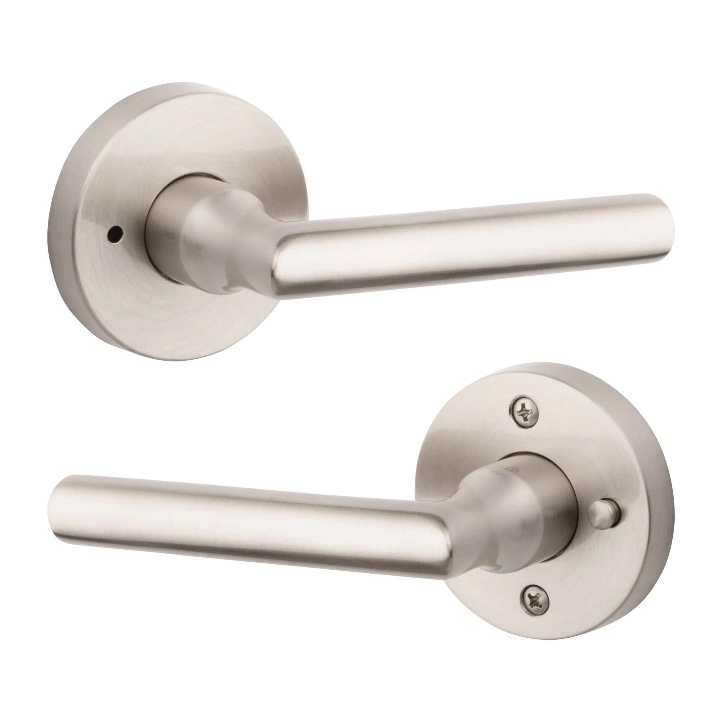 The Baldwin Reserve Tube Lever with Contemporary Round Rosette in Lifetime Satin Nickel finish.