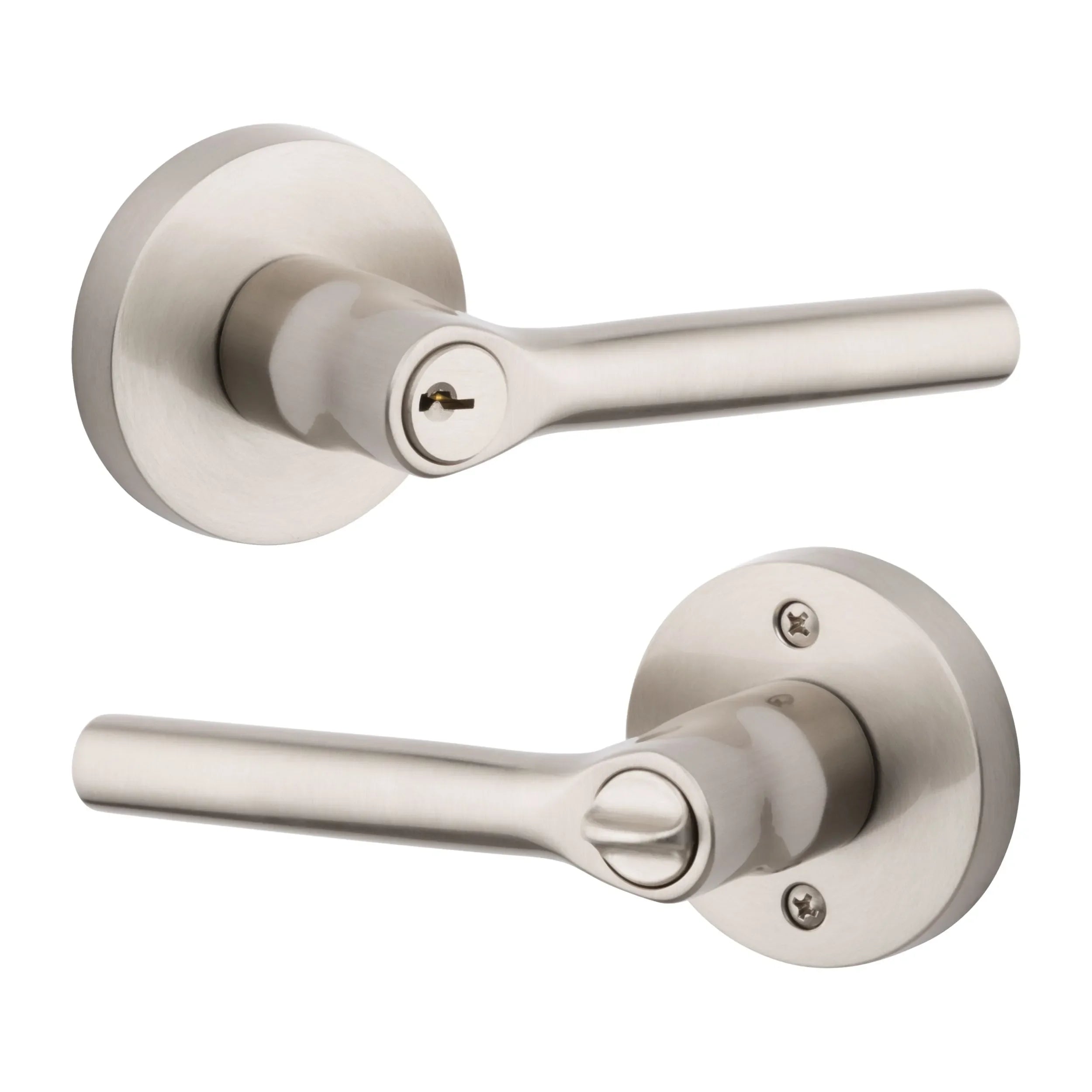 The Baldwin Reserve Tube Lever with Contemporary Round Rosette in Lifetime Satin Nickel finish.