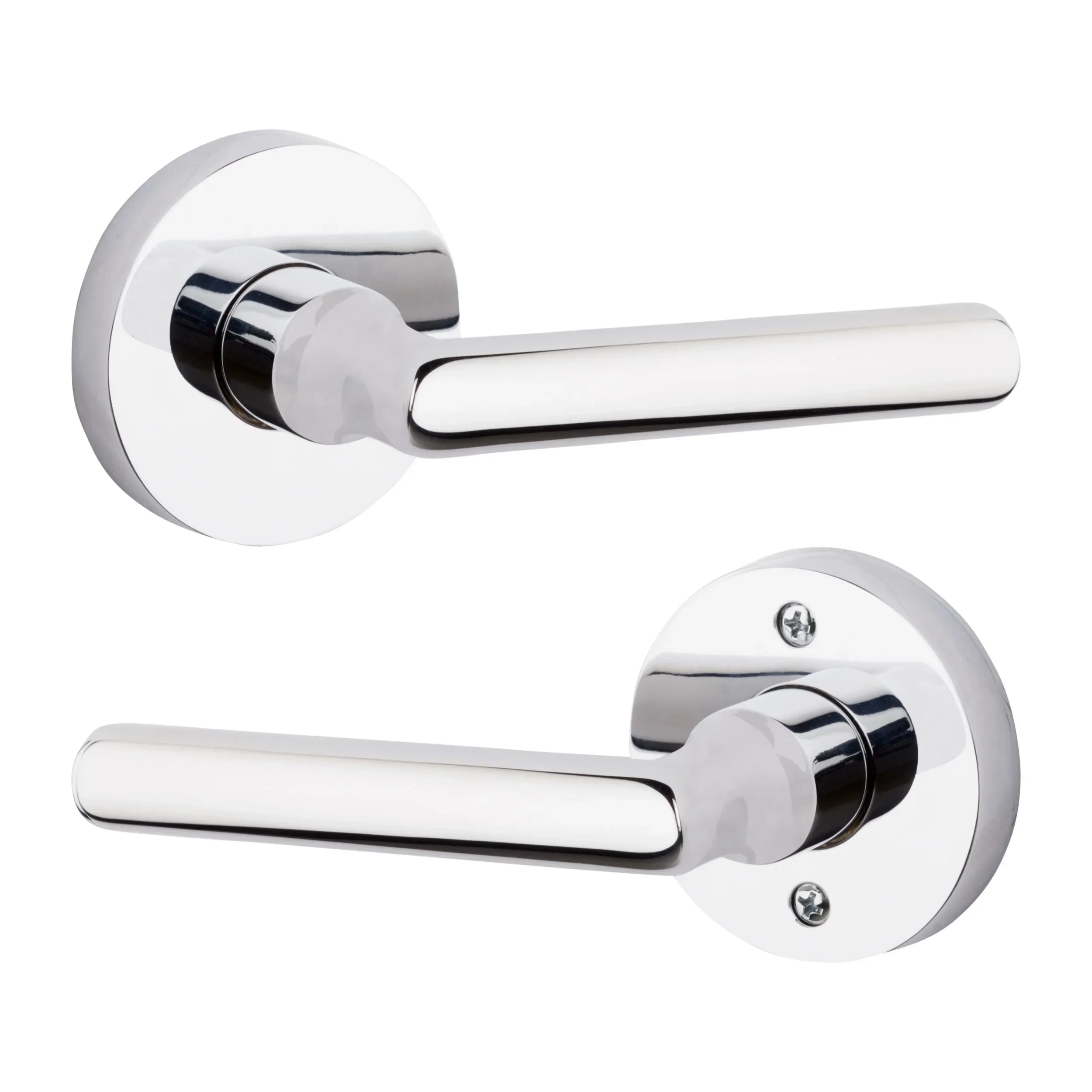 The Baldwin Reserve Tube Lever with Contemporary Round Rosette in Polished Chrome finish.