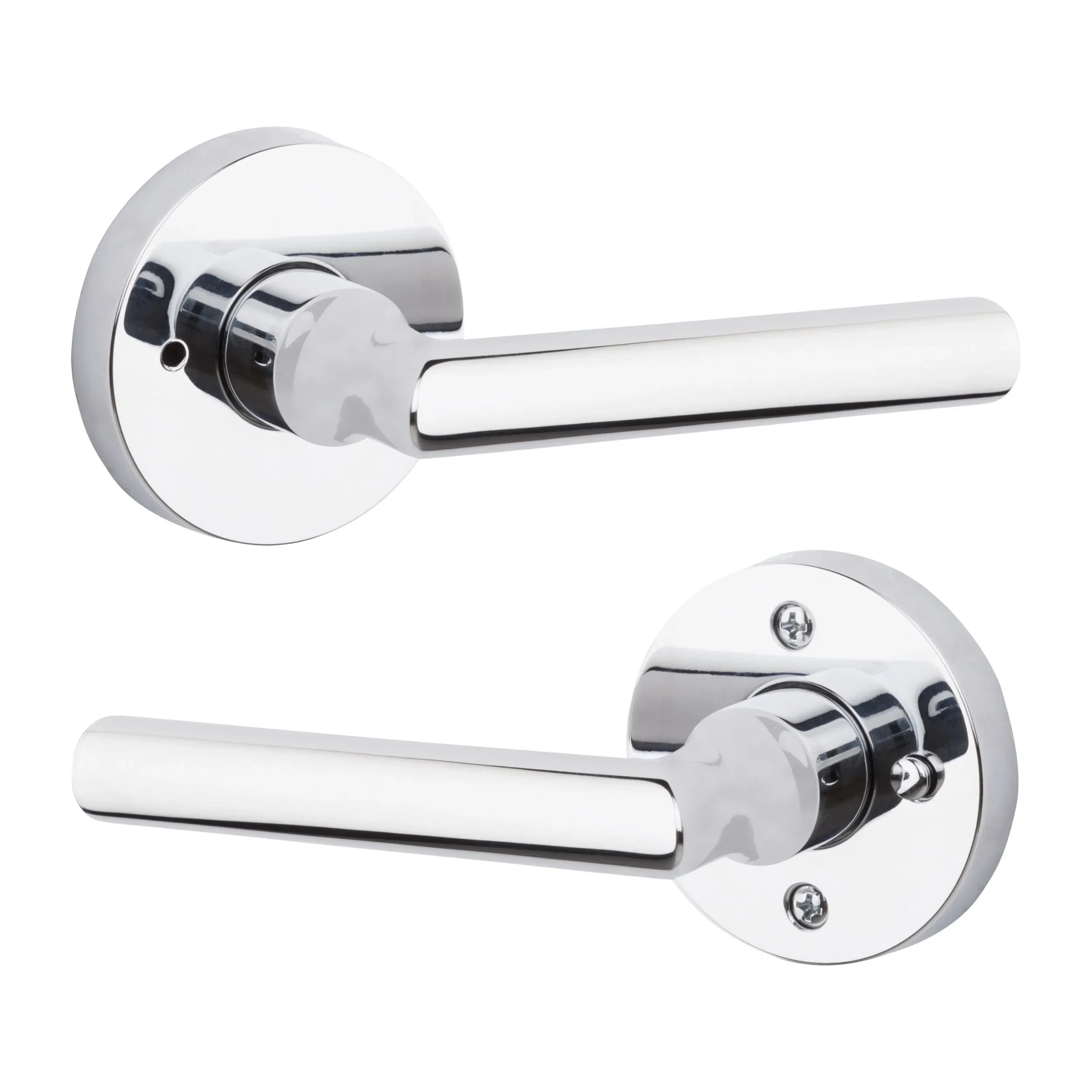 The Baldwin Reserve Tube Lever with Contemporary Round Rosette in Polished Chrome finish.