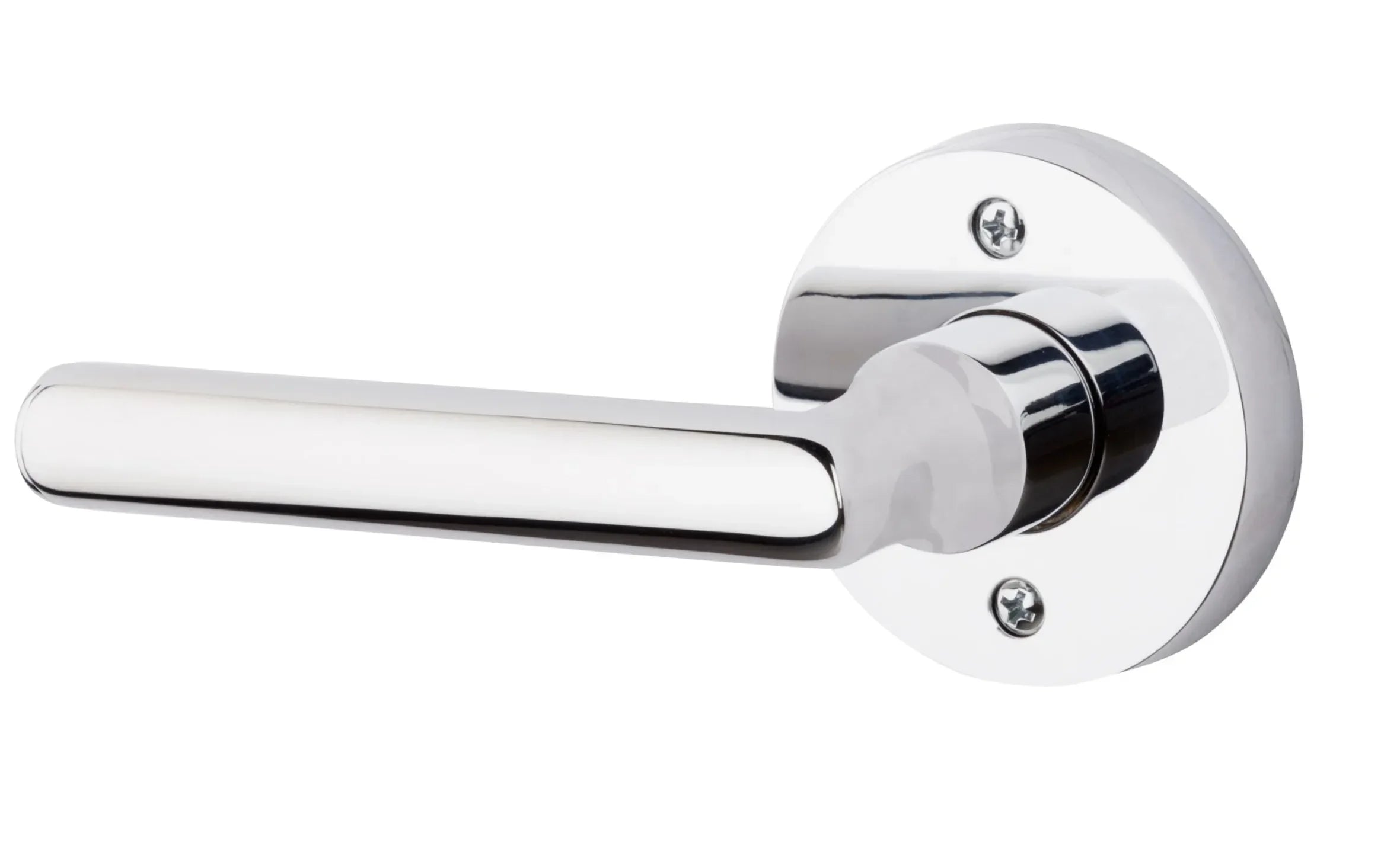 The Baldwin Reserve Tube Lever with Contemporary Round Rosette in Polished Chrome finish.