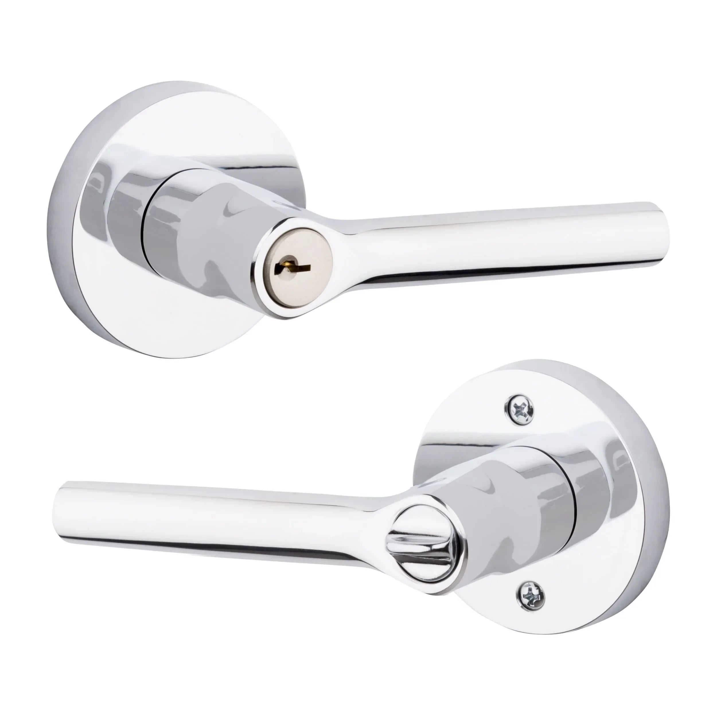 The Baldwin Reserve Tube Lever with Contemporary Round Rosette in Polished Chrome finish.