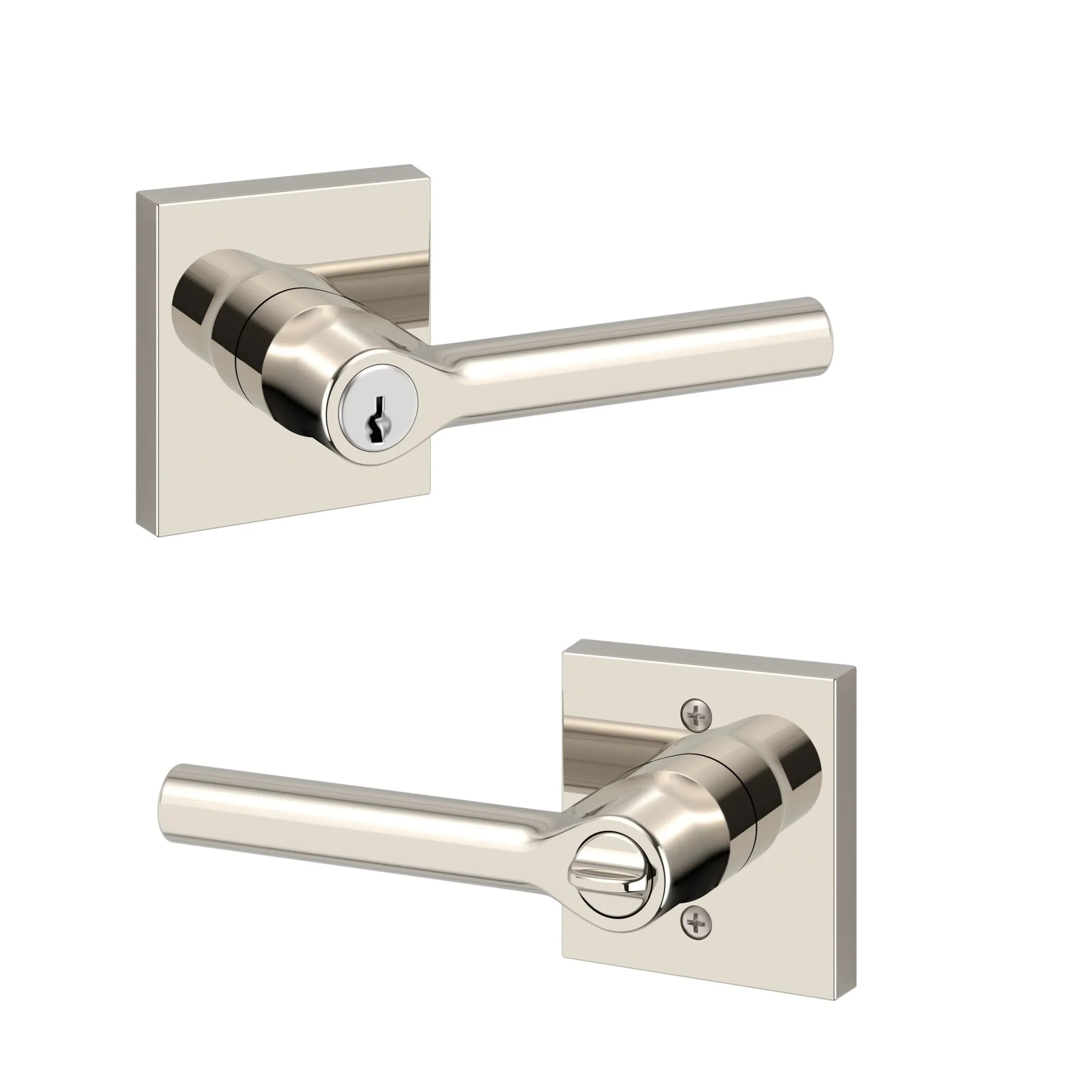 The Baldwin Reserve Tube Lever with Contemporary Square Rosette in Lifetime Polished Nickel finish.