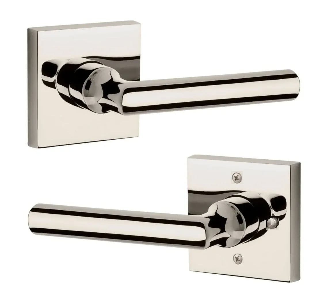 The Baldwin Reserve Tube Lever with Contemporary Square Rosette in Lifetime Polished Nickel finish.