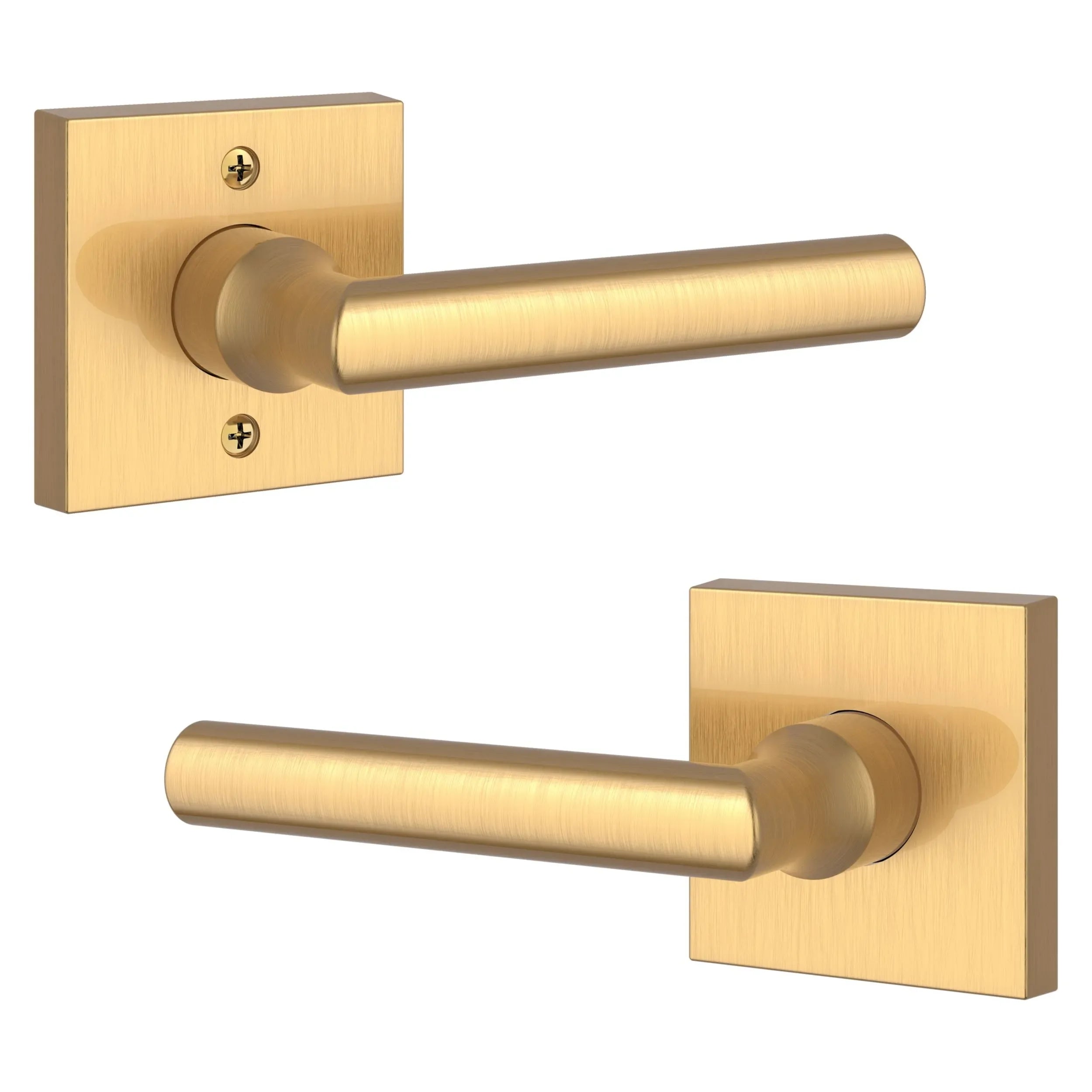 The Baldwin Reserve Tube Lever with Contemporary Square Rosette in Lifetime Satin Brass finish.