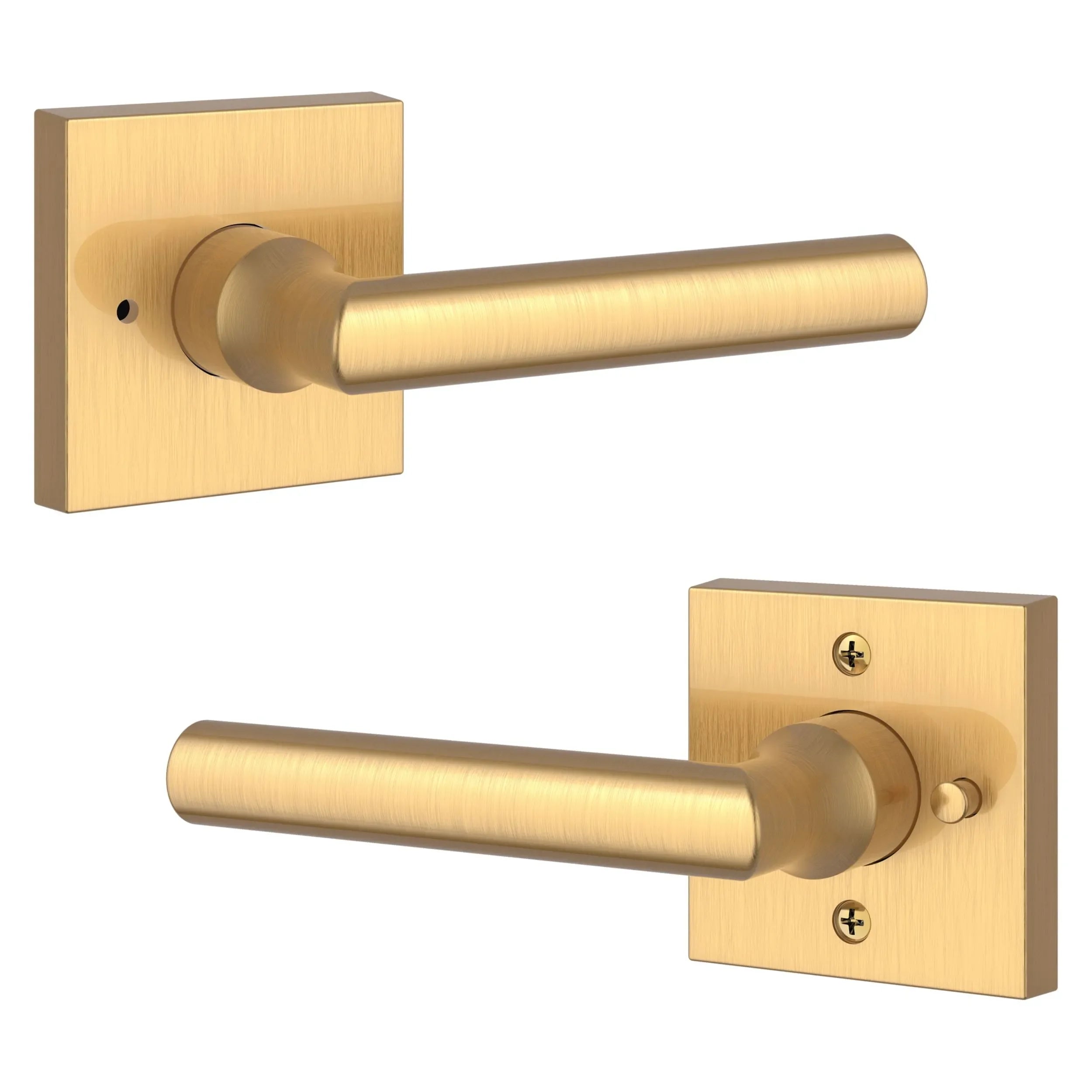 The Baldwin Reserve Tube Lever with Contemporary Square Rosette in Lifetime Satin Brass finish.