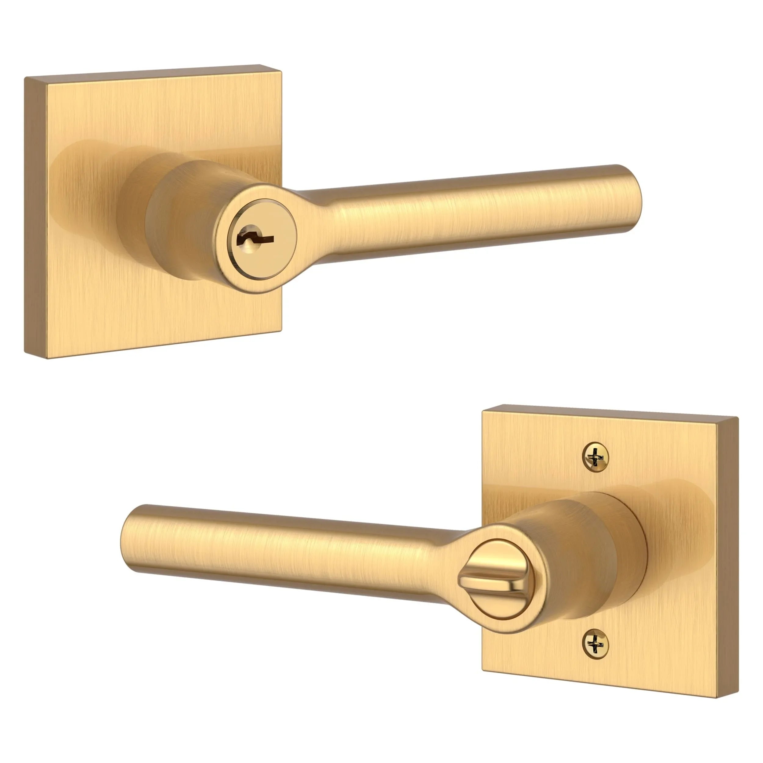 The Baldwin Reserve Tube Lever with Contemporary Square Rosette in Lifetime Satin Brass finish.