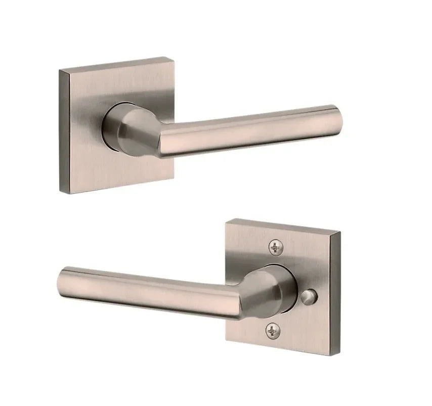 The Baldwin Reserve Tube Lever with Contemporary Square Rosette in Lifetime Satin Nickel finish.
