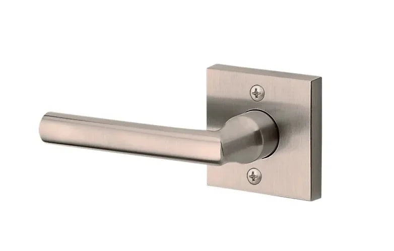 The Baldwin Reserve Tube Lever with Contemporary Square Rosette in Lifetime Satin Nickel finish.