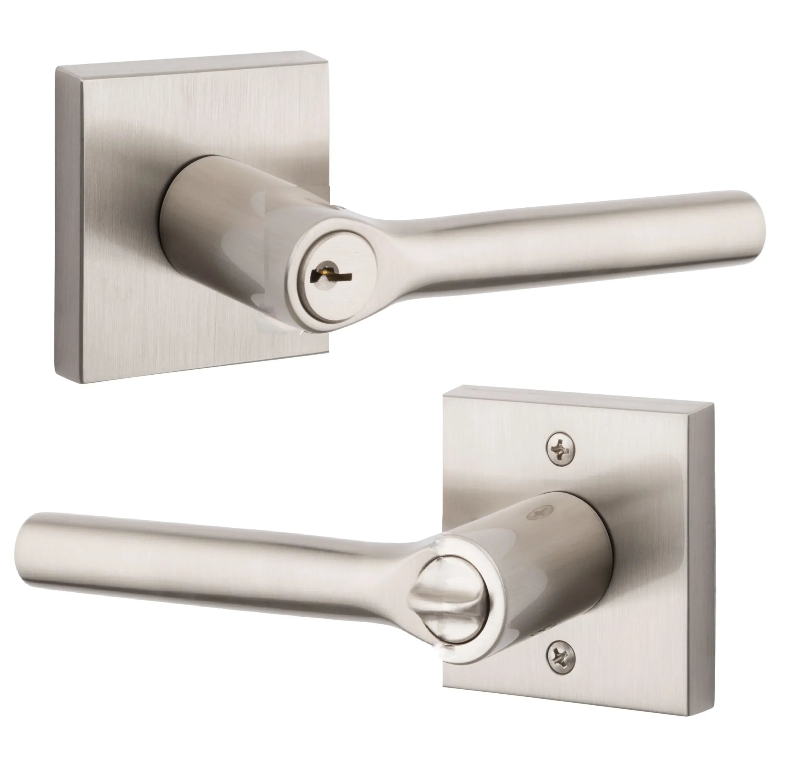 The Baldwin Reserve Tube Lever with Contemporary Square Rosette in Lifetime Satin Nickel finish.