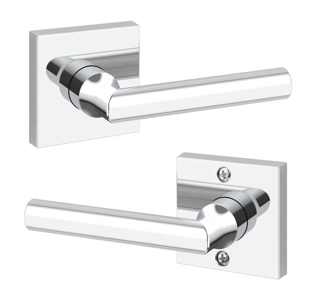 The Baldwin Reserve Tube Lever with Contemporary Square Rosette in Polished Chrome finish.