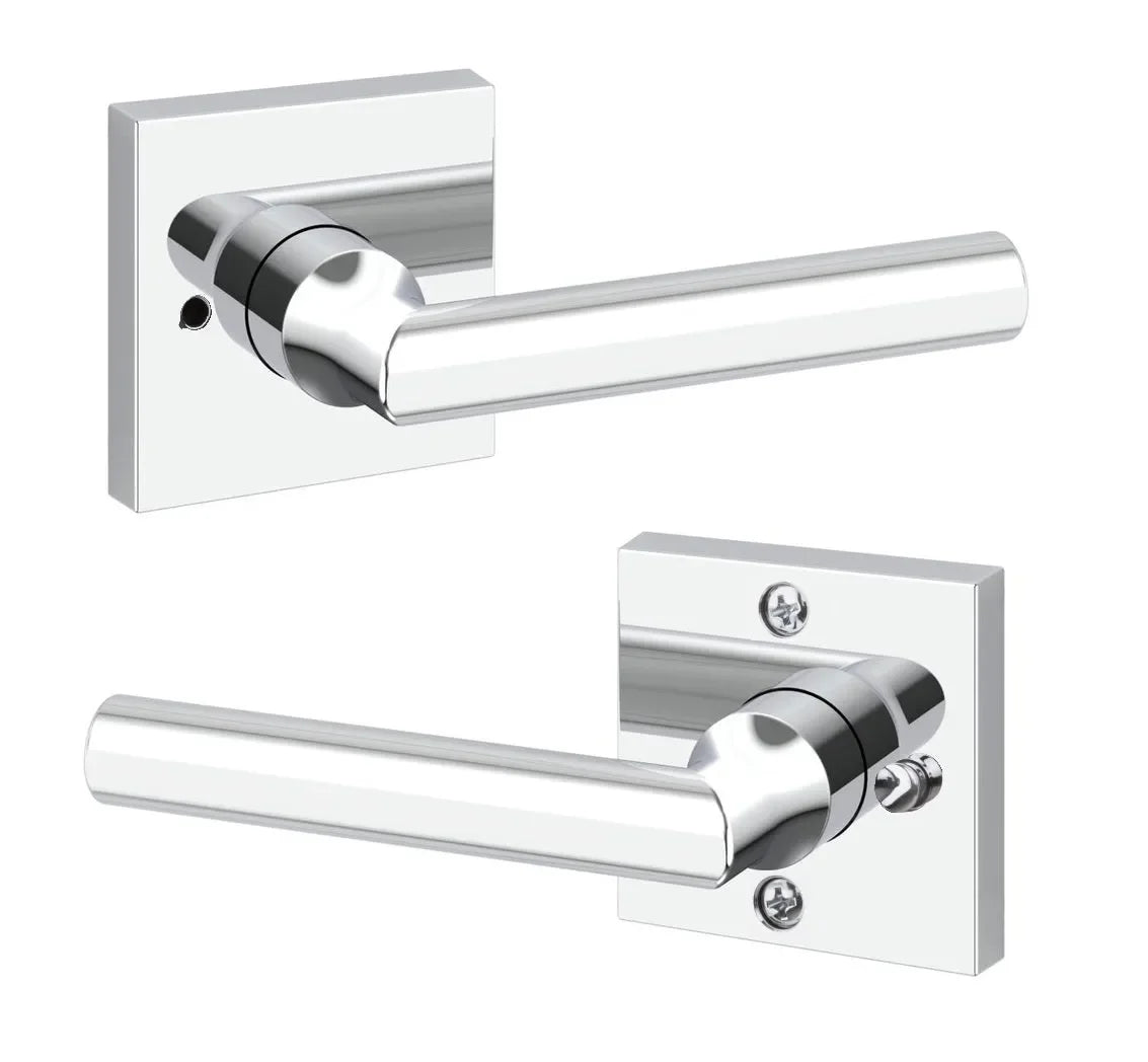 The Baldwin Reserve Tube Lever with Contemporary Square Rosette in Polished Chrome finish.