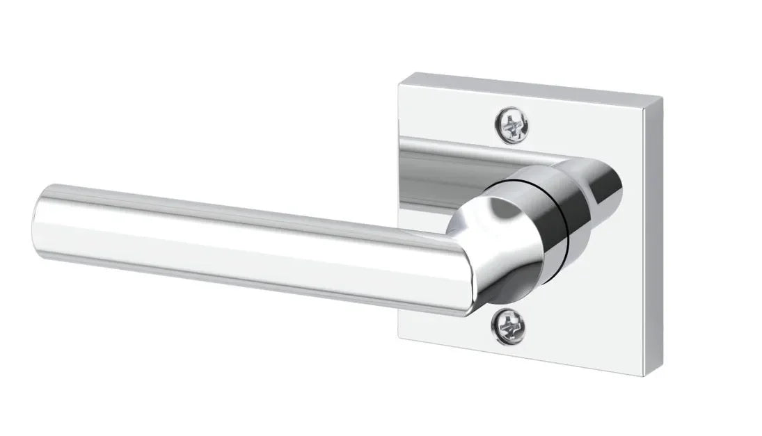 The Baldwin Reserve Tube Lever with Contemporary Square Rosette in Polished Chrome finish.