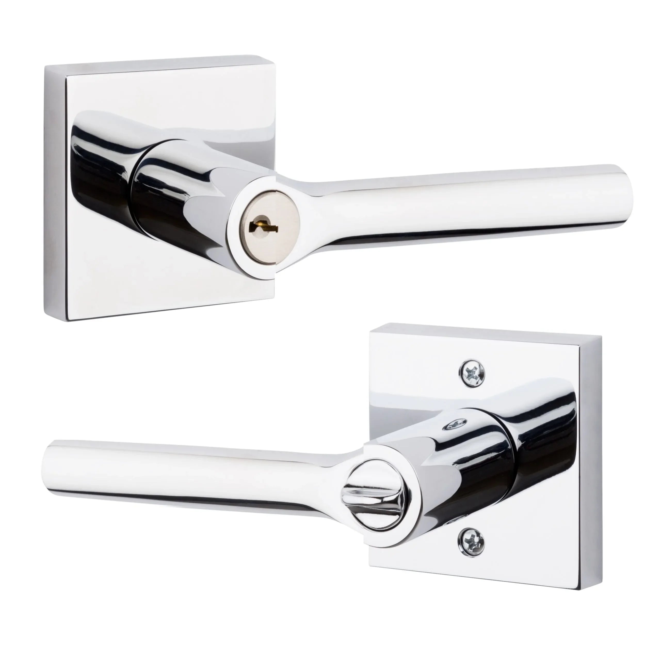 The Baldwin Reserve Tube Lever with Contemporary Square Rosette in Polished Chrome finish.