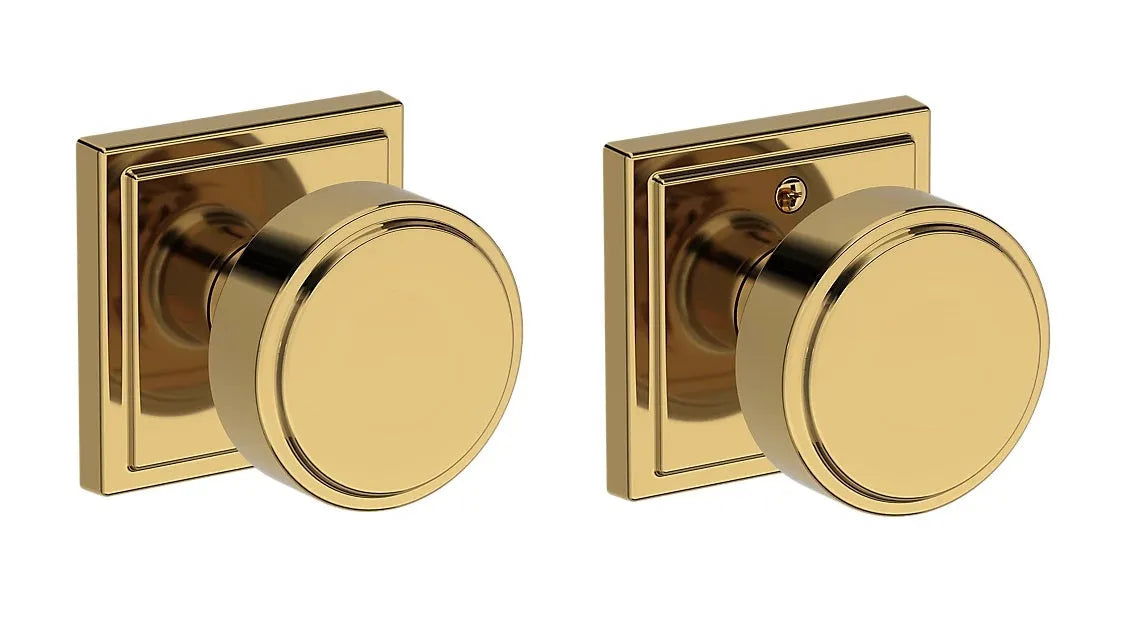 Baldwin Vashon Knob with Stepped Square Rosette in Lifetime Polished Brass finish