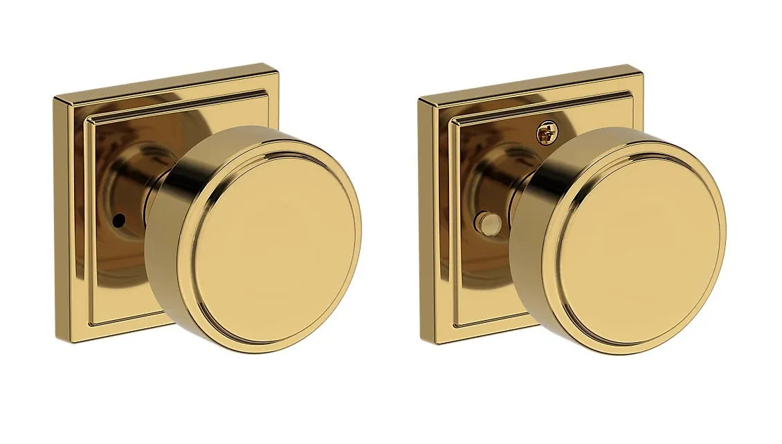 Baldwin Vashon Knob with Stepped Square Rosette in Lifetime Polished Brass finish