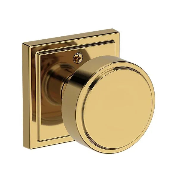 Baldwin Vashon Knob with Stepped Square Rosette in Lifetime Polished Brass finish