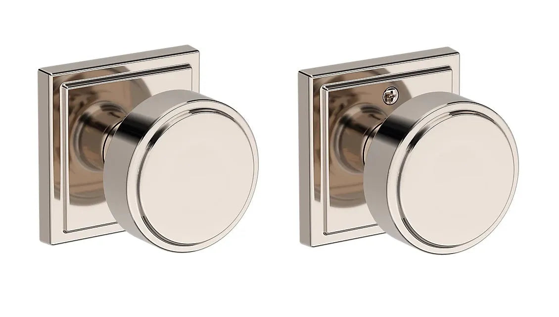 Baldwin Vashon Knob with Stepped Square Rosette in Lifetime Polished Nickel finish