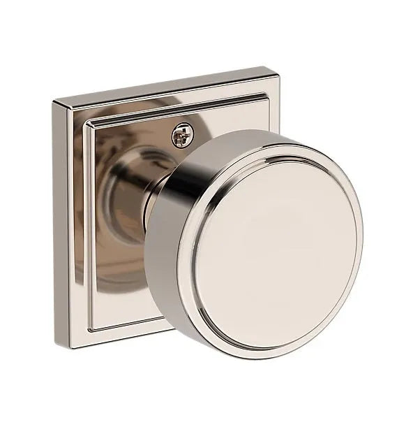 Baldwin Vashon Knob with Stepped Square Rosette in Lifetime Polished Nickel finish