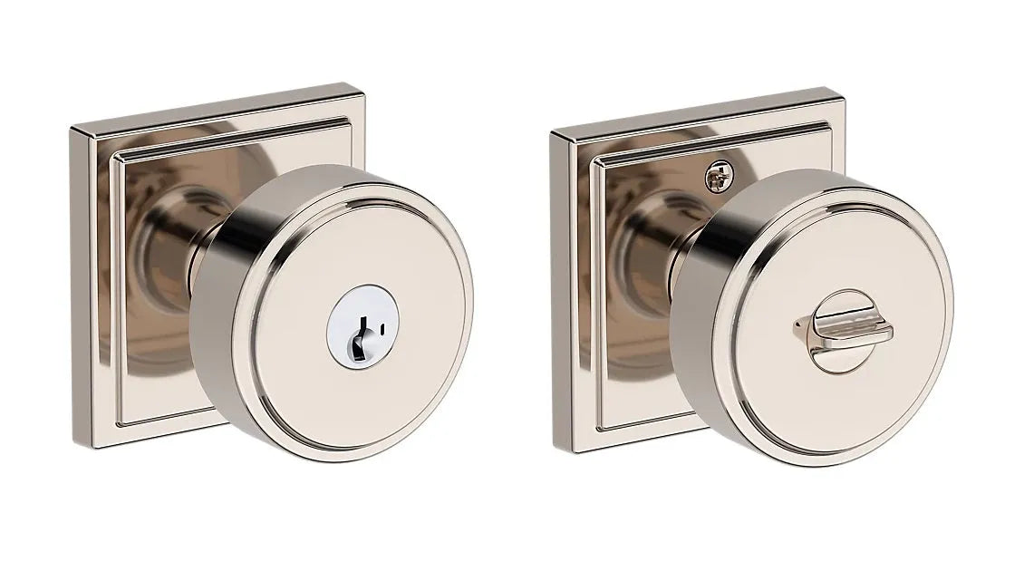 Baldwin Vashon Knob with Stepped Square Rosette in Lifetime Polished Nickel finish