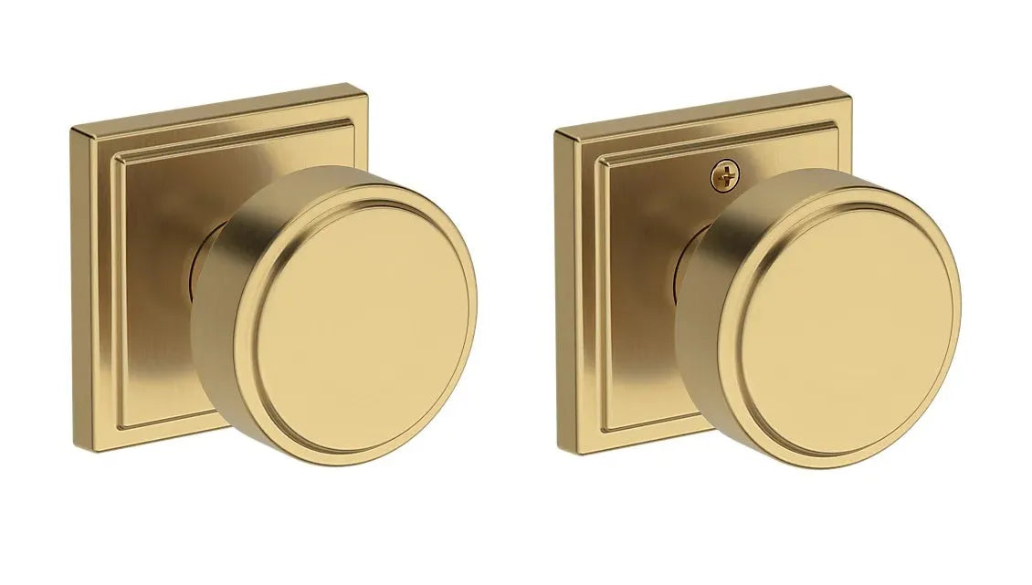 Baldwin Vashon Knob with Stepped Square Rosette in Satin Brass finish
