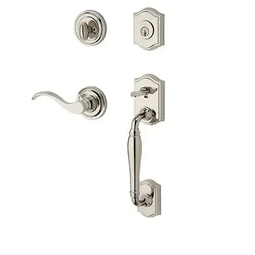 Baldwin Westcliff Handleset with Interior Curve Lever with Traditional Round Rosette in Lifetime Polished Nickel finish