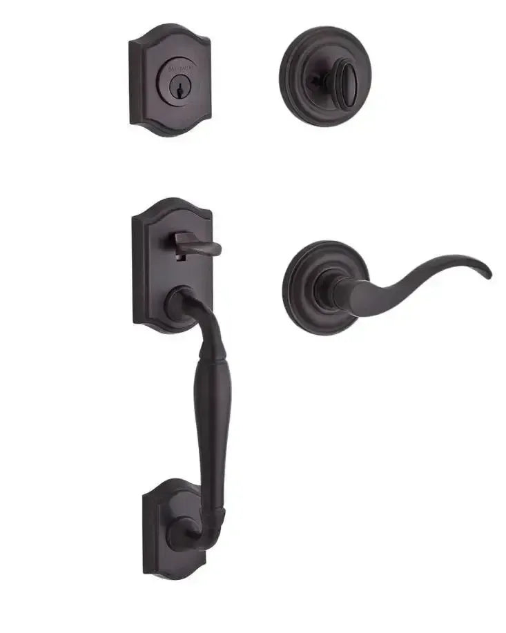 Baldwin Westcliff Handleset with Interior Curve Lever with Traditional Round Rosette in Venetian Bronze finish