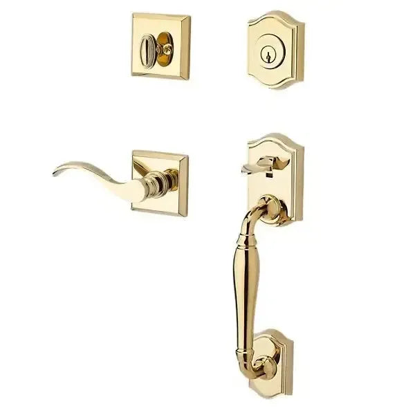 Baldwin Westcliff Handleset with Interior Curve Lever with Traditional Square Rosette in Lifetime Polished Brass finish