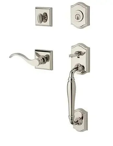 Baldwin Westcliff Handleset with Interior Curve Lever with Traditional Square Rosette in Lifetime Polished Nickel finish