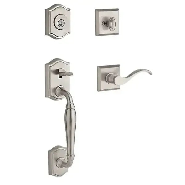Baldwin Westcliff Handleset with Interior Curve Lever with Traditional Square Rosette in Lifetime Satin Nickel finish