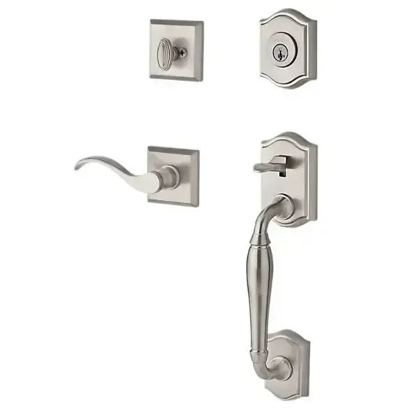 Baldwin Westcliff Handleset with Interior Curve Lever with Traditional Square Rosette in Lifetime Satin Nickel finish