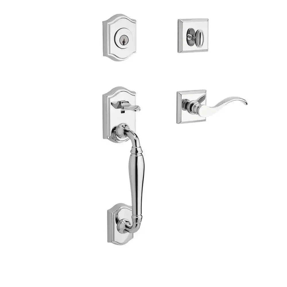 Baldwin Westcliff Handleset with Interior Curve Lever with Traditional Square Rosette in Polished Chrome finish