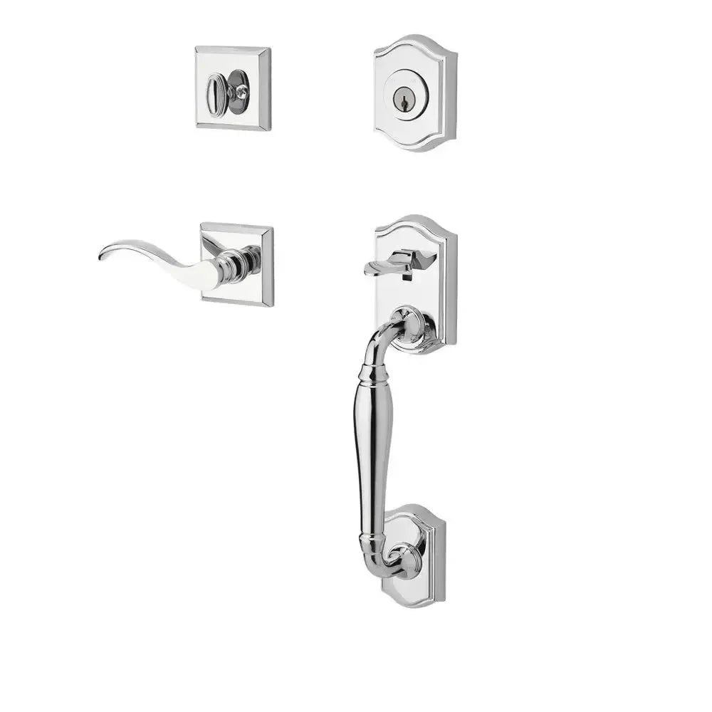 Baldwin Westcliff Handleset with Interior Curve Lever with Traditional Square Rosette in Polished Chrome finish