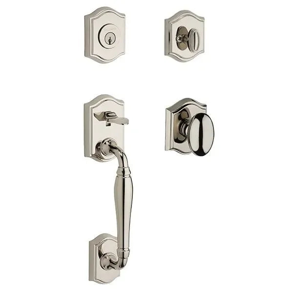 Baldwin Westcliff Handleset with Interior Ellipse Knob with Traditional Arch Rosette Lifetime Polished Nickel