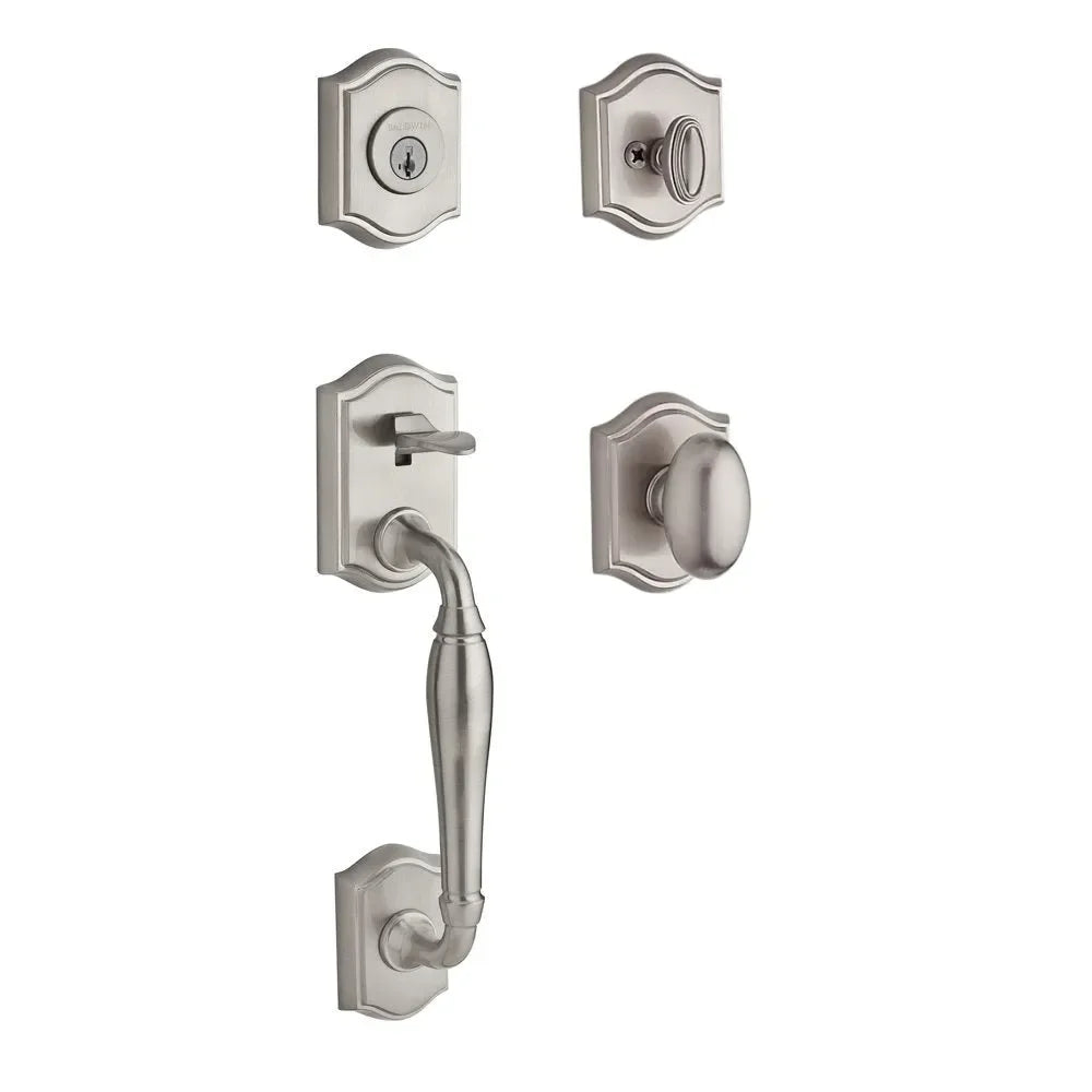 Baldwin Westcliff Handleset with Interior Ellipse Knob with Traditional Arch Rosette Lifetime Satin Nickel